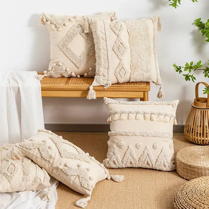 Boho beige tufted fringed geometric pillow cover living room decor