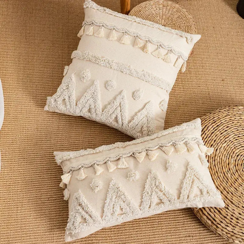 Boho beige tufted fringed geometric pillow cover living room decor