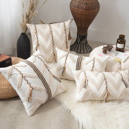 Boho beige tufted pillow cover living room geometric woven cushion