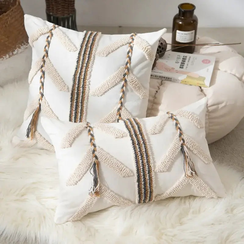 Boho beige tufted pillow cover living room geometric woven cushion