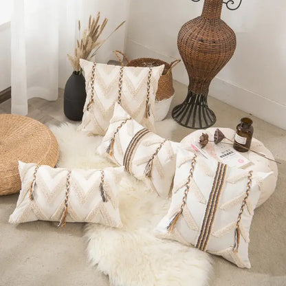 Boho beige tufted pillow cover living room geometric woven cushion