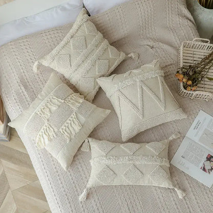 Boho beige white tufted tassel pillow covers bedroom decor