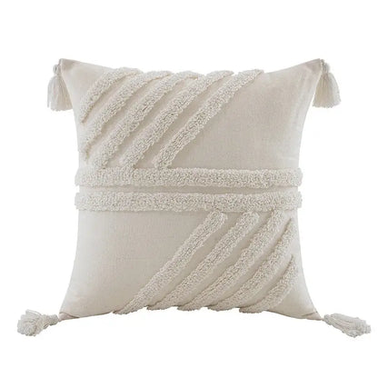 Boho beige white tufted tassel pillow covers bedroom decor