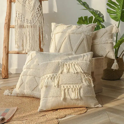 Boho beige white tufted tassel pillow covers bedroom decor