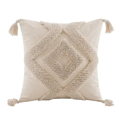 Boho beige white tufted tassel pillow covers bedroom decor