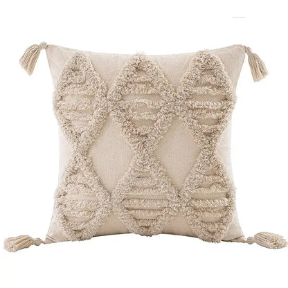 Boho beige white tufted tassel pillow covers bedroom decor