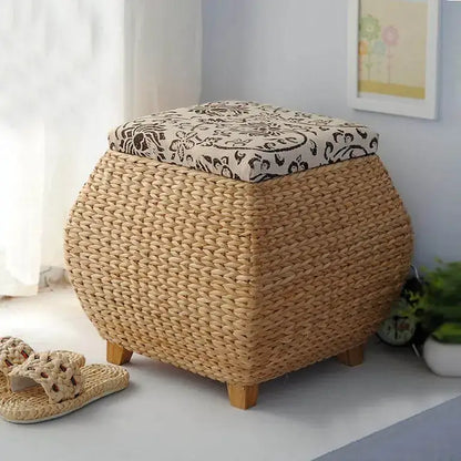 Boho beige woven rattan 3-in-1 storage stool bedroom footrest