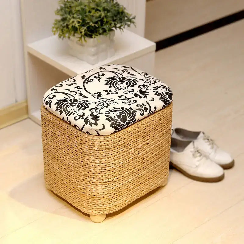 Boho beige woven rattan 3-in-1 storage stool bedroom footrest