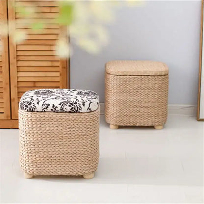 Boho beige woven rattan 3-in-1 storage stool bedroom footrest