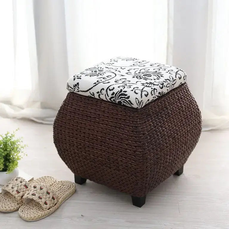 Boho beige woven rattan 3-in-1 storage stool bedroom footrest