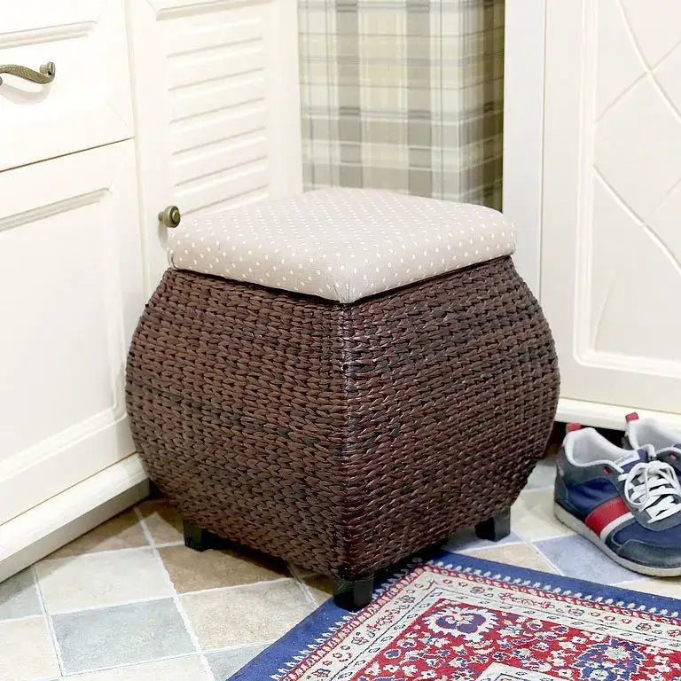 Boho beige woven rattan 3-in-1 storage stool bedroom footrest