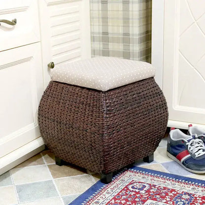 Boho beige woven rattan 3-in-1 storage stool bedroom footrest