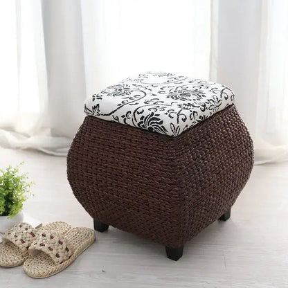 Boho beige woven rattan 3-in-1 storage stool bedroom footrest