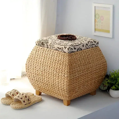 Boho beige woven rattan 3-in-1 storage stool bedroom footrest