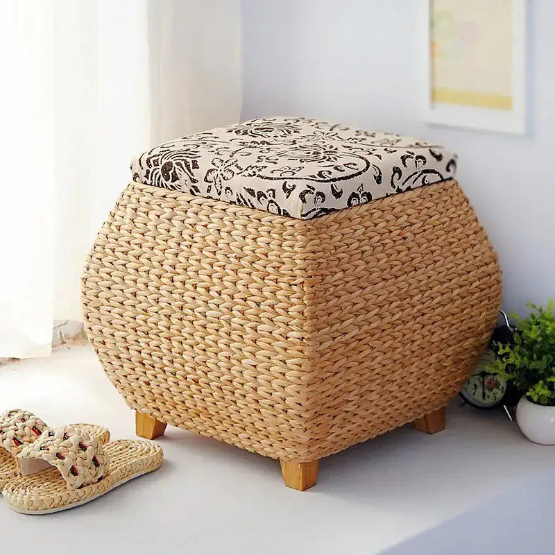 Boho beige woven rattan 3-in-1 storage stool bedroom footrest
