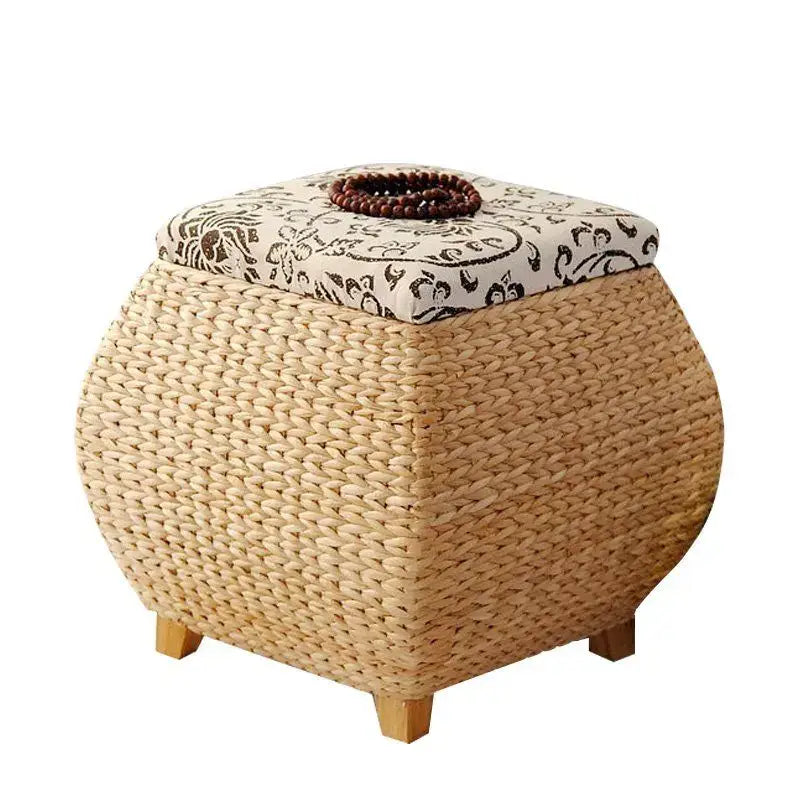 Boho beige woven rattan 3-in-1 storage stool bedroom footrest