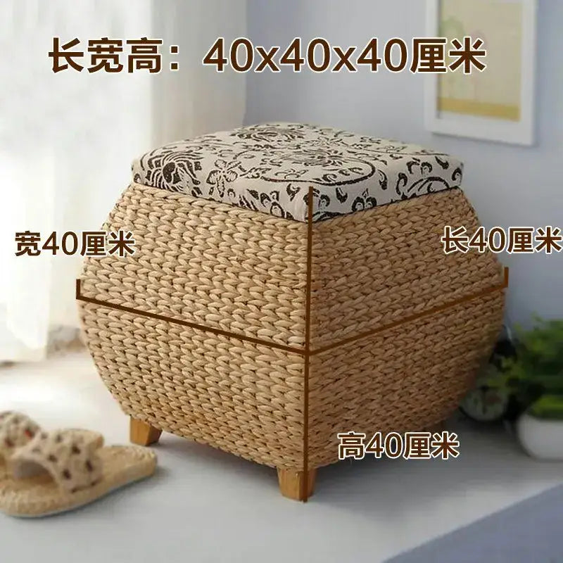 Boho beige woven rattan 3-in-1 storage stool bedroom footrest