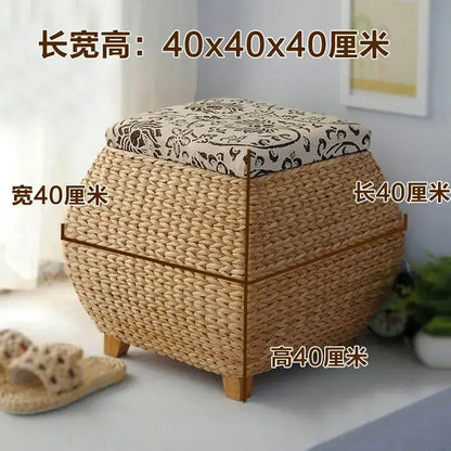 Boho beige woven rattan 3-in-1 storage stool bedroom footrest