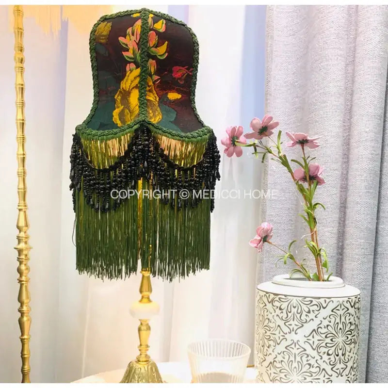 Boho bird floral jacquard beaded fringe lampshade bedroom decor