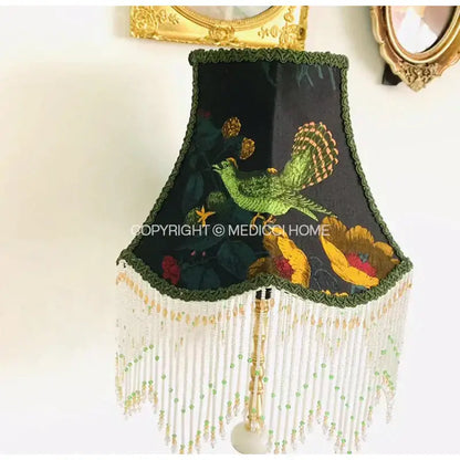 Boho bird floral jacquard beaded fringe lampshade bedroom decor