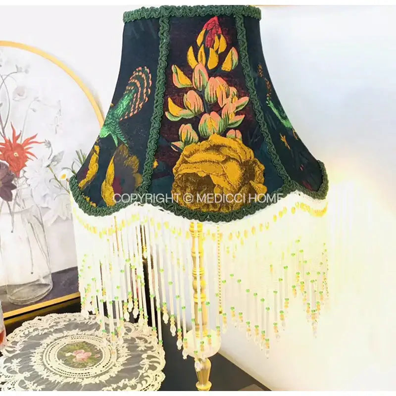 Boho bird floral jacquard beaded fringe lampshade bedroom decor