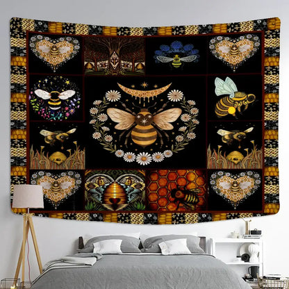 Boho black and gold bee daisy wall hanging bedroom tapestry