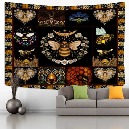 Boho black and gold bee daisy wall hanging bedroom tapestry