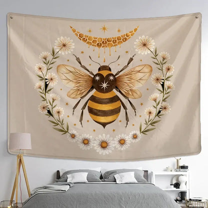 Boho black and gold bee daisy wall hanging bedroom tapestry