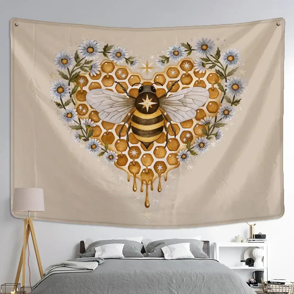 Boho black and gold bee daisy wall hanging bedroom tapestry