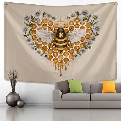 Boho black and gold bee daisy wall hanging bedroom tapestry