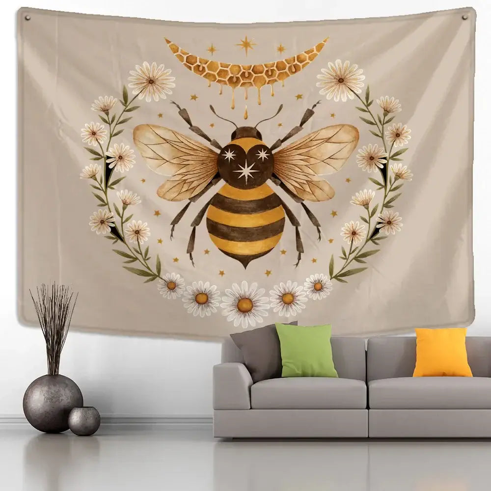 Boho black and gold bee daisy wall hanging bedroom tapestry