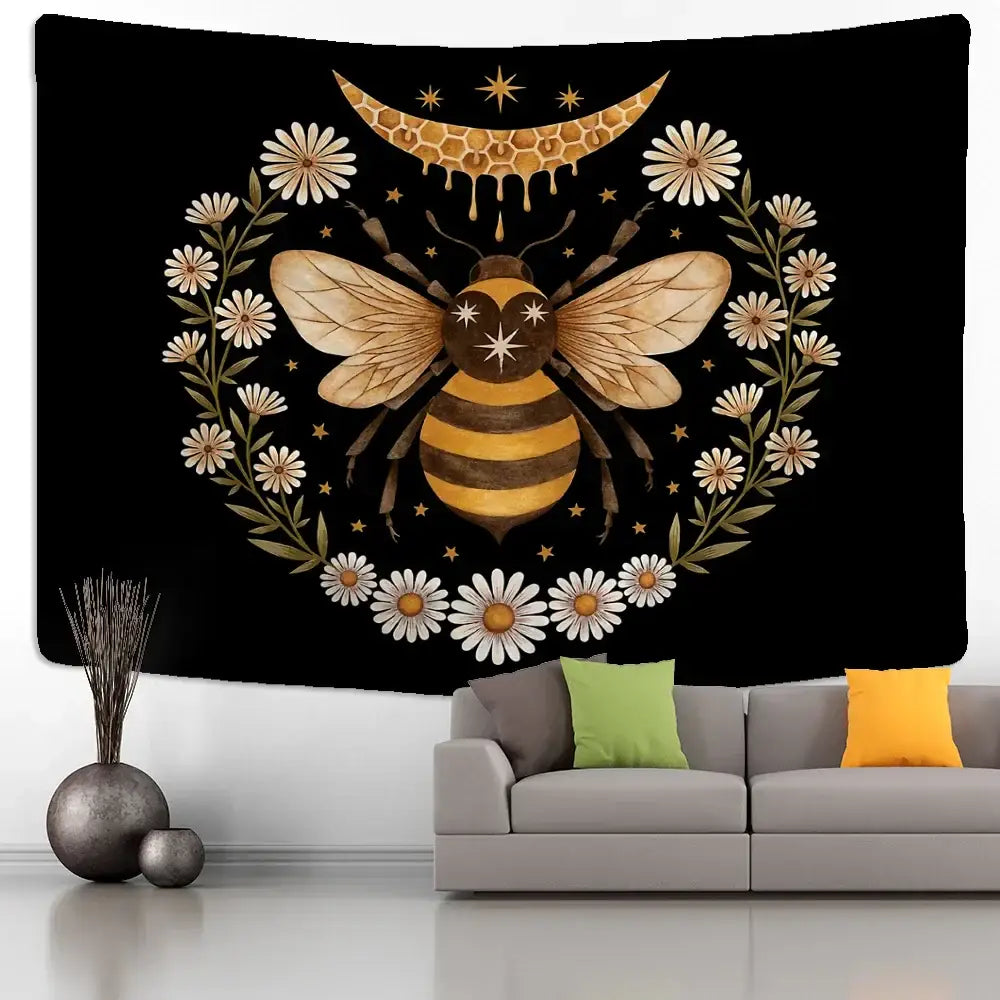Boho black and gold bee daisy wall hanging bedroom tapestry