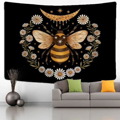 Boho black and gold bee daisy wall hanging bedroom tapestry