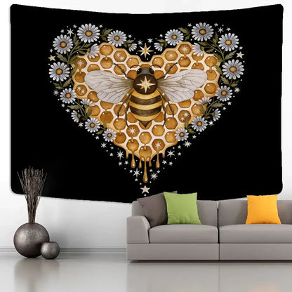 Boho black and gold bee daisy wall hanging bedroom tapestry