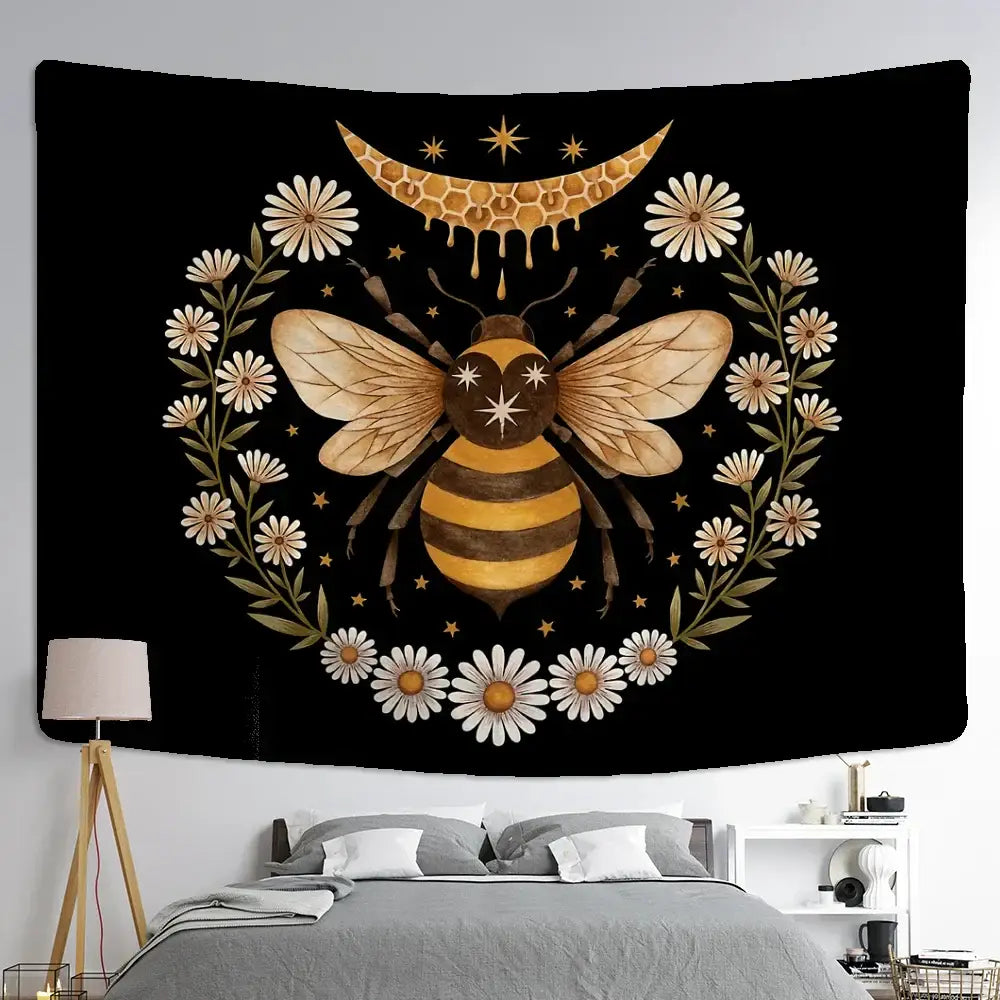Boho black and gold bee daisy wall hanging bedroom tapestry