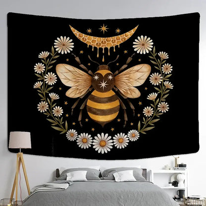 Boho black and gold bee daisy wall hanging bedroom tapestry