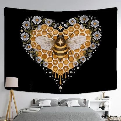 Boho black and gold bee daisy wall hanging bedroom tapestry