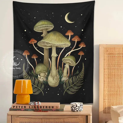 Boho black and green botanical mushroom moon tapestry living room decor