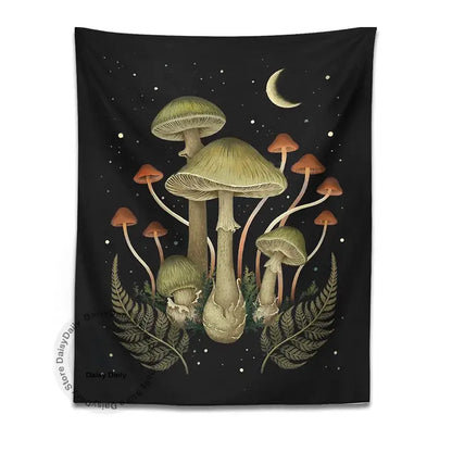 Boho black and green botanical mushroom moon tapestry living room decor