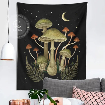 Boho black and green botanical mushroom moon tapestry living room decor
