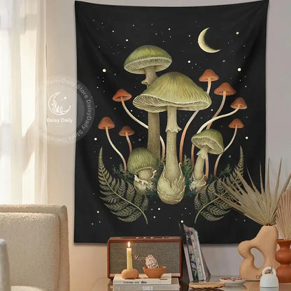 Boho black and green botanical mushroom moon tapestry living room decor