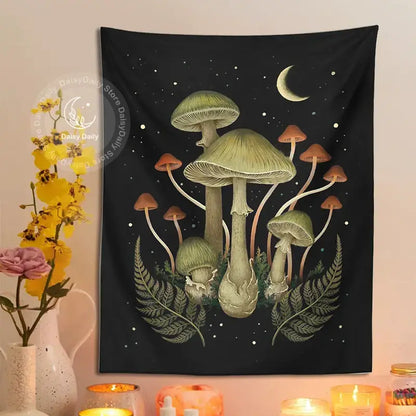 Boho black and green botanical mushroom moon tapestry living room decor
