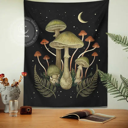 Boho black and green botanical mushroom moon tapestry living room decor