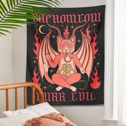 Boho black and pink cat baphomeow tapestry for bedroom wall decor