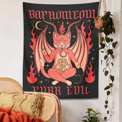 Boho black and pink cat baphomeow tapestry for bedroom wall decor