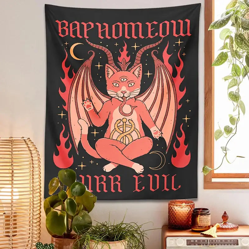 Boho black and pink cat baphomeow tapestry for bedroom wall decor