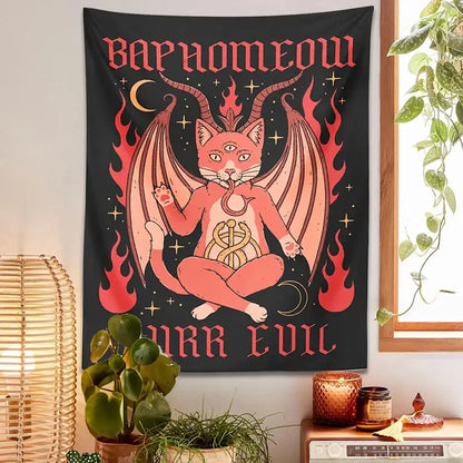 Boho black and pink cat baphomeow tapestry for bedroom wall decor