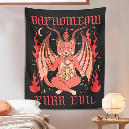 Boho black and pink cat baphomeow tapestry for bedroom wall decor