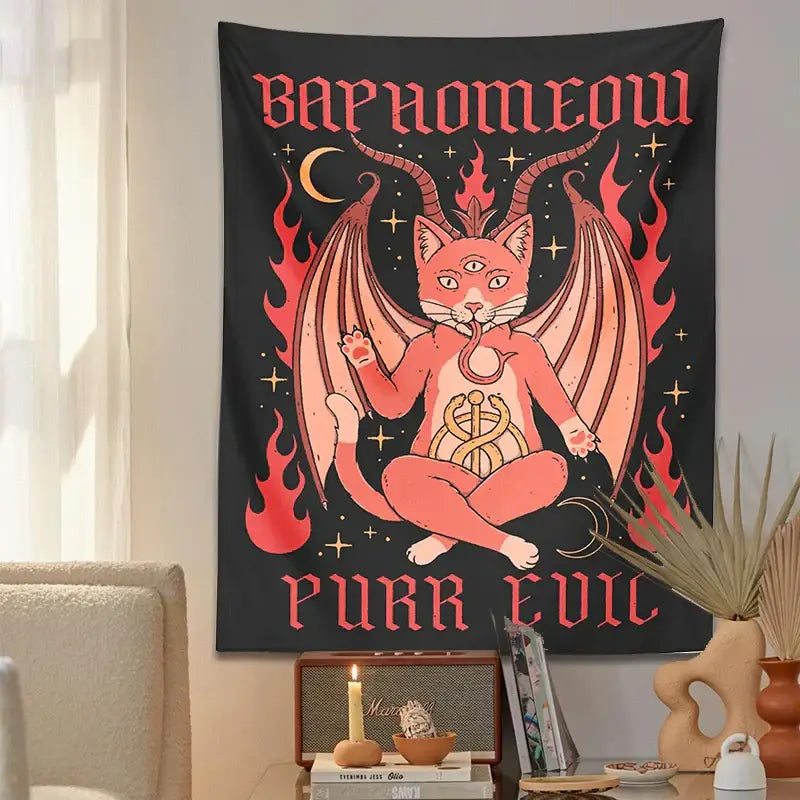 Boho black and pink cat baphomeow tapestry for bedroom wall decor
