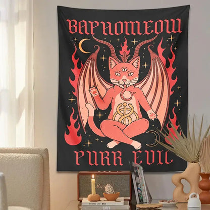 Boho black and pink cat baphomeow tapestry for bedroom wall decor